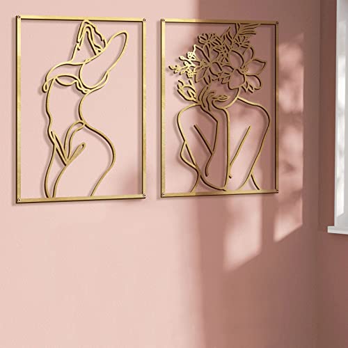 Glamativity 4 Pack Gold Wall Art Décor, Minimalist Décor Single Line Art Wall Décor, Real Metal Wall Art, Woman's Body Shape Abstract Wall Art (Gold Classic Style, M Size 17 X 11.8'') #TOP5