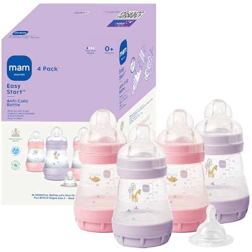 Image of MAM 5oz Easy Start Anti-Colic Wide Neck Vented Baby Bottle, Slow Flow Breastfeeding-Like Nipple,Reduces Colic Gas & Reflux, Easy Clean, BPA Free,0+ Months, Made in Europe,Bonus Medium Flow Nipple