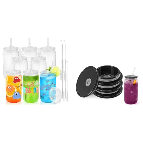 Joyclub Bundle of 8 Pack Sublimation Cups 16 OZ Clear Glass Cans Blanks and 4 Pack Acrylic Lids for 16 oz Glass Cups with Bamboo Lids and Straws