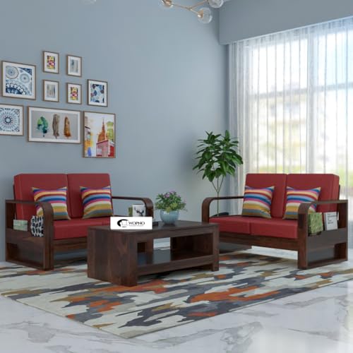 Image of Solid Sheesham Wooden 4 Seater Sofa Set for Living Room | Sofa Set with Side Pocket Storage & Cushion | Rosewood Sofa Set for Home (Walnut with Red Cushion, 4 Seater)