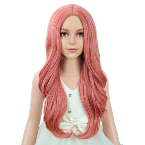 Image of PATTNIUM Light Pink Wig for Kids Girls Long Curly Wigs Pink Middle Part Heat Resistant Synthetic Wigs Halloween Cosplay Costume Party Wig