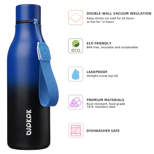 Image of BJPKPK Insulated Water Bottles, 18 oz Stainless Steel Metal Water Bottle with Strap, BPA Free Leak Proof Jugs, Mugs, Flasks, Reusable Thermal Flasks for Sports & Travel, Blue Black