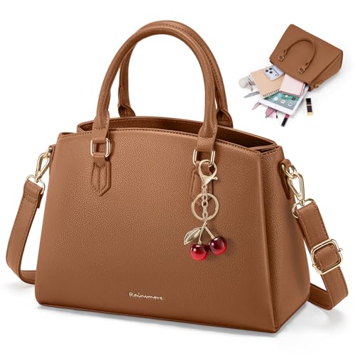 RAINSMORE PU Leather Handbags for Women Top Handle Bag with Detachable Adjustable Shoulder Strap Ladies Handbags Fits 11 Inch Tablet Hand Bag for Work Shopping Daily Use Brown