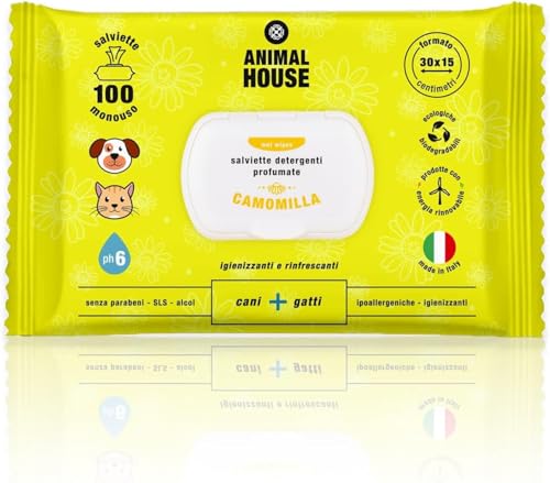 Animal House Chamomile Wipes 100 Pieces Natural Moisturizing and Soothing Wipes, Biodegradable and Hypoallergenic, for Daily Cleaning of Dogs and Cats