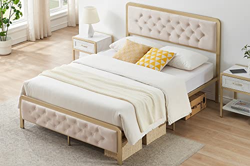 Alkmaar Queen Bed Frame, Metal Platform Bed With Modern Velvet Button Tufted Headboard And Footboard, Strong Metal Slats Support, No Box Spring Needed, Beige #TOP2
