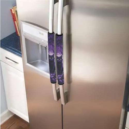 Image of 6 Pcs Refrigerator Microwave Door Handle Covers Electrical Appliances Handle Cover Keep Clean and Protected from Stains, Fingerprints, Black Cat Violet Leaf Forest Violet Halloween Decor