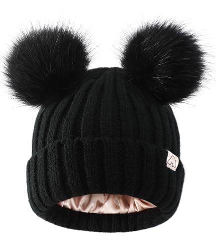 Hat Hut Bommelmütze Damen Satin gefütterte Beanie-Mütze Warme Wintermütze Mit Kunstpelz Bommel Strickmütze Pom Pom Beanie Hat (DE/NL/SE/PL, Alphanumerisch,...
