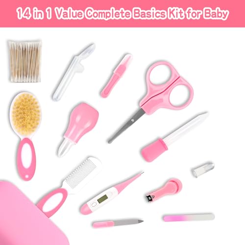 Baby Grooming Kit,Infant Safety Care Setwith Hair Brush Comb Nail Clipper Nasal Aspirator, Baby Essentials Kit for Newborn Girls Boys (14 PC-Pink Kit) - Image 3
