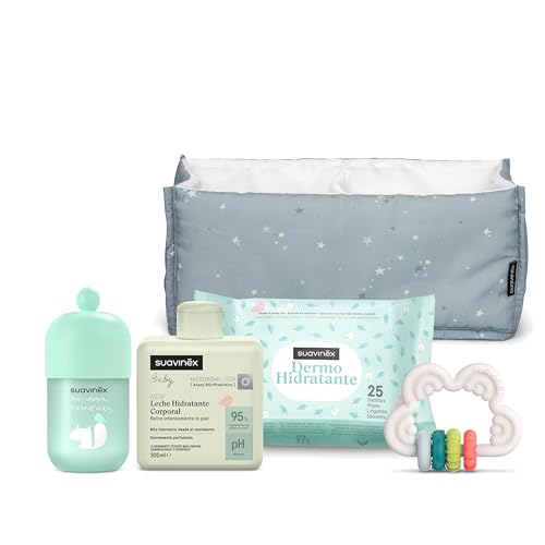 Suavinex, Regalo Bebé Recién Nacido, Canastilla Bebé Con Organizador Con: Leche Hidratante 300 Ml Colonia Bebés Baby Cologne Memories 100 Ml Toallitas Dermohidratantes Mordedor Silicona, Azul