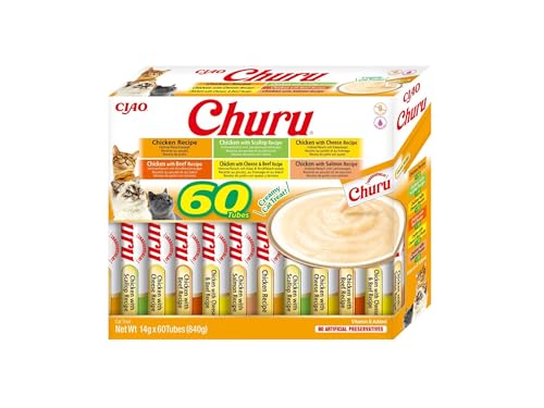 INABA Churu - Friandises pour Chats en Purée Variétés de Poulet - Délicieux Snacks pour Félins - Texture Lisse et Onctueuse - Nourriture pour Chats - 60 Tubes x 14g