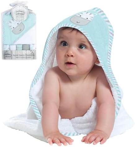 Mother's Choice Hooded Baby Towel with 5 Face Cloths for Newborn | Lightweight Cotton Rich Absorbent Large Baby Bath Towel for Newborn Boys and Girls | 75x75cm, Cow