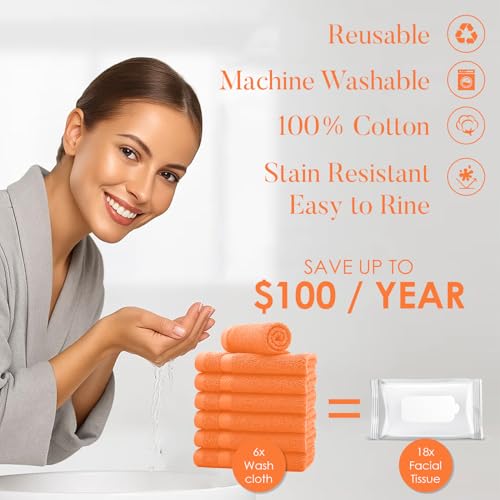 Image of DAN RIVER 12-Pack Premium 100% Cotton Orange Face Towels for Bathroom - Reusable Face Wash Cloths for Showering 12x12 Inches - 550 GSM Super Soft & Absorbent Luxury WashCloths for Body, Spa & Gym