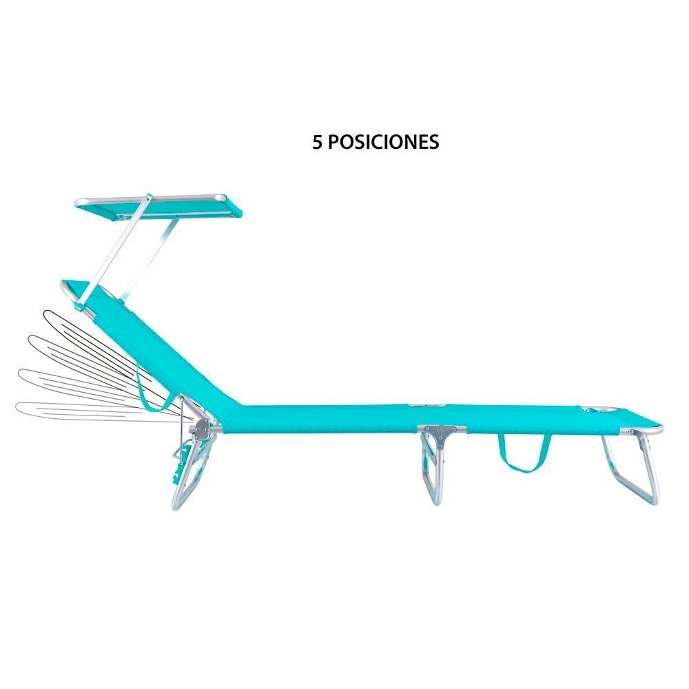 LOLAhome Tumbona Playa con Parasol, reclinable de 3 Posiciones Convertible en Cama Verde Aguamarina de Aluminio y textileno de 190x58x25 cm