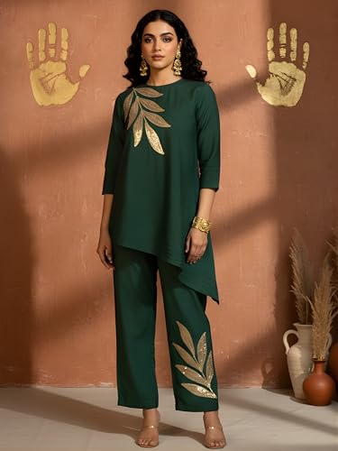 Image of Women's Magenta Chanderi Sequin Embroidered Co-ord Set | Round Neck 3 /4 Sleeve Asymmetric Top with Trousers | Festive Co-ord for Party, Wedding