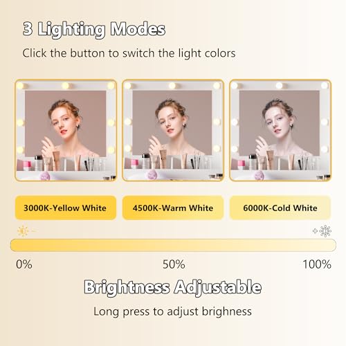 Image of BORNOON Small Vanity Desk with Mirror and Lights, Makeup Vanity Desk with Adjustable Brightness 3 Light Modes, RGB Storage Cabinet, Power Outlet, Drawer, Shelves, Vanity Table for Women Girls Bedroom