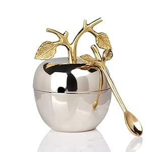 Silver Honey Jar Dish, Apple & Leaf Honey, Jam Server with Dipper Spoon Ideal for Serving Honey, Jams, Jellies, Gorgeous Gold Leaf Spoon, Stainless Steel & Brass, Everyday Rosh Hashanah & any Occasion