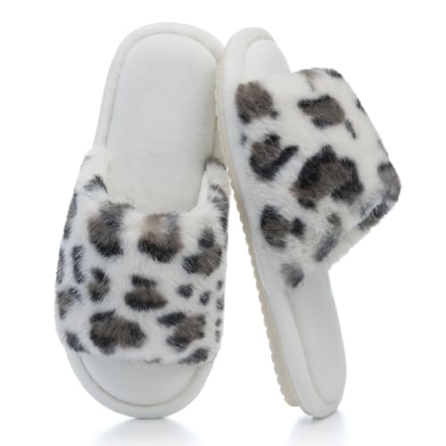 Image of GOEWY Women's Fuzzy Open-Toe House Slippers with Memory Foam - Leopard Print Cheetah Plush Cozy Cute Slipper Indoor /Outdoor Soft Slip On Slides Gifts for Women Mom Her Ladies
