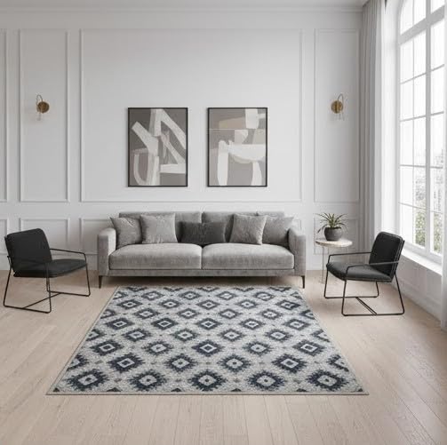Image of HOMETHREADS Modern Light Luxury 5x7 Feet Area Rug | 11mm Thick Soft Anti-Fatigue Cushioned Carpet with Non-Slip Backing for Living Room, Bedroom, Studio, Lounge & Entrance(Tribal Grey, 210x150Cm)