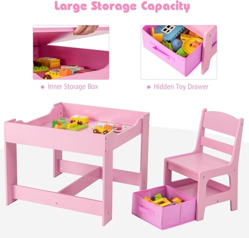 LDAILY-Kids-Table-and-Chairs-3-in-1-Activity-Table-with-Storage-Drawer-Writable-Blackboard-Detachable-Tabletop-Wooden-Toddler-Table-and-Chair-Set-for-Drawing-Reading-Writing-Playroom-Pink LDAILY Kids Table and Chairs 3 in 1 Activity Table with Storage Drawer Writable Blackboard Detachable Tabletop Wooden Toddler Table and Chair Set for Drawing Reading Writing Playroom Pink