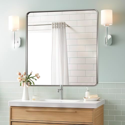 Image of ANDY STAR 36x36 Inch Brushed Nickel Bathroom Mirror, Rounded Square Bathroom Vanity Mirrors for Wall, Anti-Rust SUS304, Seamless Tube Metal Frame, 1'' Deep Wall Mounted Vertically /Horizontal