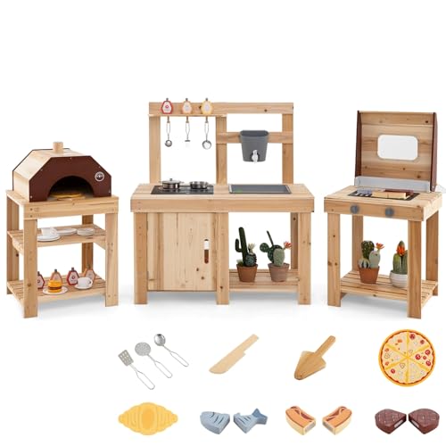 HONEY JOY Mud Kitchen, 3-Piece Modular Wooden Toddlers Play Kitchen/Pizza Counter Playset/Oven Barbecue Grill, Play Food and Accessories, Little Chef Pretend Mud Kitchen for Kids Outdoors, Natural