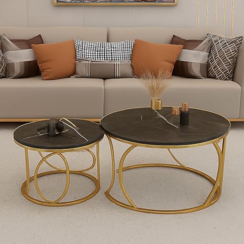 Image of Round End Table Set of Two Coffee Tables with Engineered Wood Top and Metal Frame, Contemporary Accent Side Table for Office, Bedroom, or Living Room Golden Black