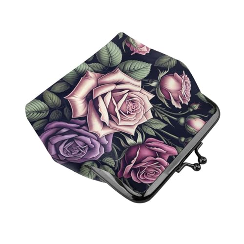 Pu Leather Buckle Coin Purse Roses-Lush-Leaves Girls Kiss-Lock Change Purse Wallets3