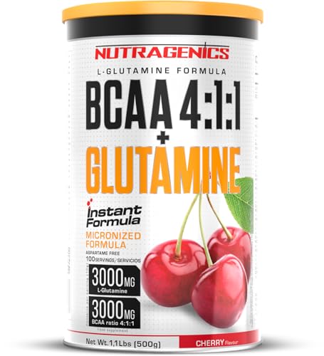 Nutragenics BCAA 4 1 1 + Glutamine - BCAA Glutamine - BCAA Glutamine - BCAA 4 1 1 en poudre et glutamine aromatisée - 500 g (cerise)