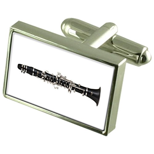 Gemelos de clarinete de plata para camisa clip de corbata grabado y estuche
