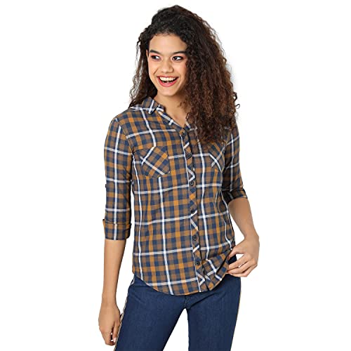 Image of PINACOLADA Women's Navy Blue & Yellow Ochre Tartan Plaid Shirt for Casual Wear | Spread Collar | Long Sleeve | Button Closure | Shirt Crafted with Comfort Fit for Everyday Wear