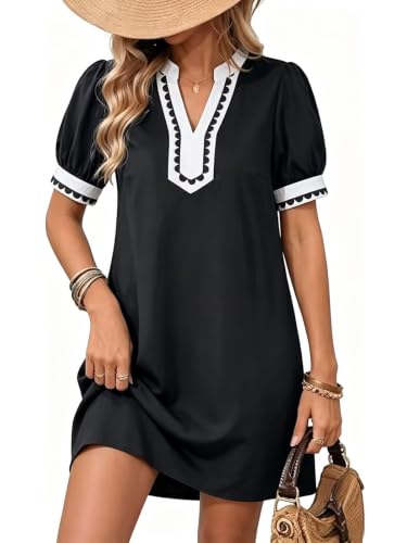 Image of Wkior Women's Summer Trim V Neck Mini Dresses with Pockets (S-XL) | Puff Short Sleeve, Trim Collar, Breathable Fabric, Lightweight Summer Clothes for Daily Wear, Sunset Beach Party