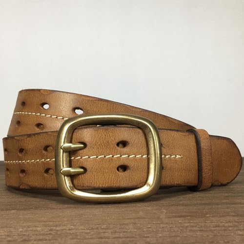 Leather Belt for Men Metal Double Pin Buckle, Adjustable Cowhide Casual Double Row Hole Belt Men,Khaki,115CM/45.3''2
