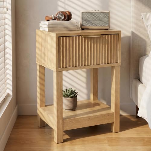 Image of Solid Wood Nightstand with Drawer, Mid-Century Real Wooden Bedside Table with Storage,Modern Fluted End Table for Bedroom Sofa Couch Office,15.75 inch L x 11.81 inch W x 23.62 inch H Natural.