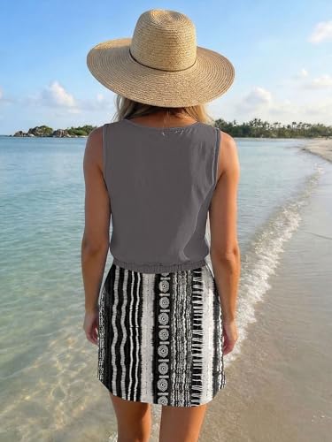 Image of SAUKOLE Womens Summer Causal Loose Sleeveless Crew Neck Drawstring Waist Mini Short Dress with Pockets
