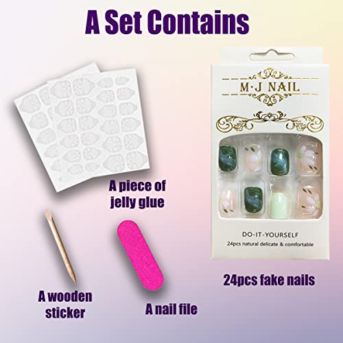 Qingge Green Press On Nails Short Square Glossy Camellia Flowers Stick On/Glue On Nails With Gold Line White Swirl Fake Acrylic Nails Summer Exquisite Static False Nails For Women 24Pcs #TOP2