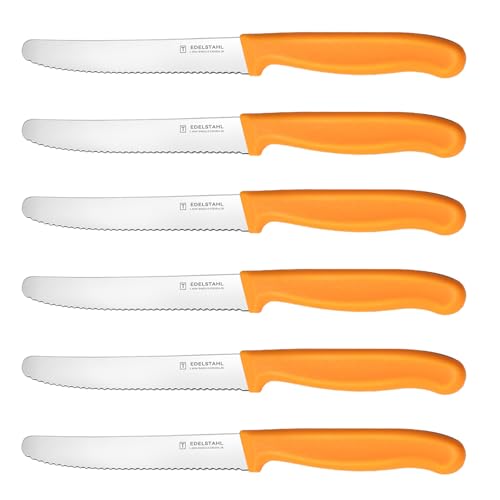 targzier Tomato Knife Set of 6,Serrated Kitchen Knife Set,Ultra Sharp Kitchen Knives Set,Orange Stainless Steel Utility Knifes,Wavy Edge Tomato Knives&Table Knives,Plastic Handle Dinner Knifes