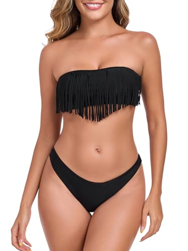 Bikini sans bretelles bleu océan avec haut bandeau à pompons pour femme