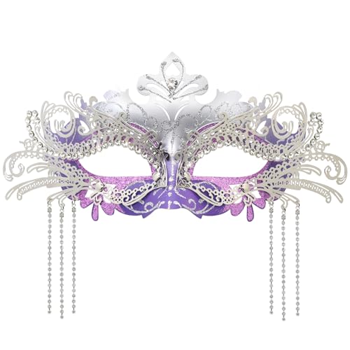 Coddsmz Women Masquerade Mask with Rhinestone Chains Mysterious Venetian Ball Mask Mardi Gras Decoration for Lady Carnival Party Costume Masks (Purple Silver)