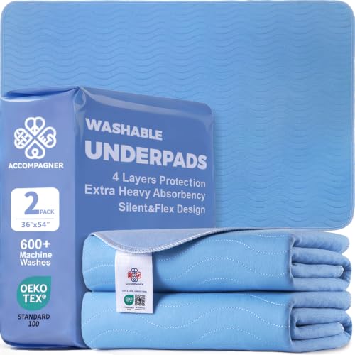 Image of Accompagner Incontinence Bed Pads Washable Waterproof, Ultra-Absorbent Reusable Underpads for Diaper Changing, Nursing, Bedridden, Adults, Seniors, Kids and Dogs (Blue, 36 inchx54 inch(Pack of 2))