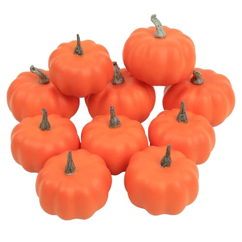 10Pcs Fake Pumpkins Fall Thanksgiving Decorations,Orange Plastic Pumpkins Home Decor, Artificial Mini Pumpkin for Decorating Autumn Harvest Outdoor Indoor Fall Decor Centerpiece Table Decorations