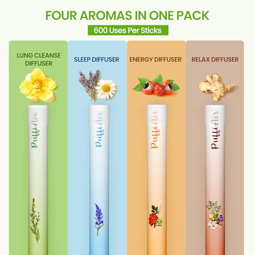Image of PUFFIAIR Herbal Diffuser Pen 4 Pack, Clean Botanical Aromatherapy Diffusers, Four Aroma Variety Set, Cool Mint & Herbal Scents, Smooth Daily Experience, Up to 600 Uses Each