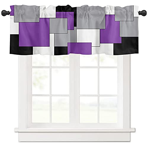 Purple Black Grey Kitchen Valances For Windows Middle Century Modern Abstract Geometric Art Cafe Valances Rod Pocket Curtain Washable Small Window Treatment For Living Room/Bedroom/Home 54X18In #TOP2