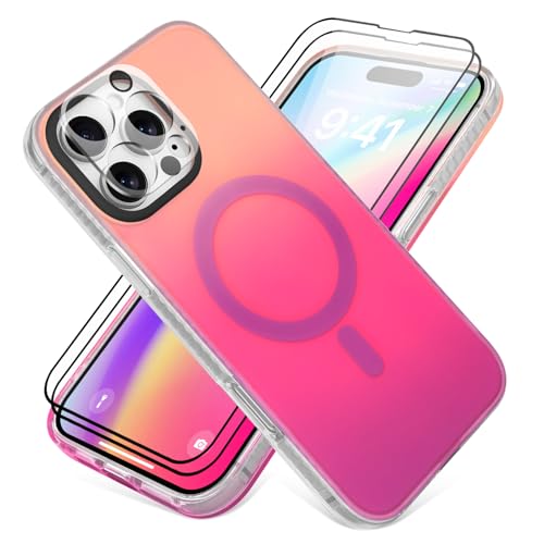 castillocarcasas Funda para iPhone 16 Pro MAX Compatible con MagSafe, Carcasa Colorida Gradiente Láser Arcoíris Fluorescente Translúcida, Case Slim Silicona Protección para Cámara Antigolpes, Rosa