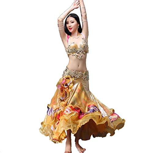Tzdd Women's Belly Dance Dress Handmade Beaded Bra 3 Piece Set Halloween Belly Dancer Professional Performance Dancing Skirts,Gold,M