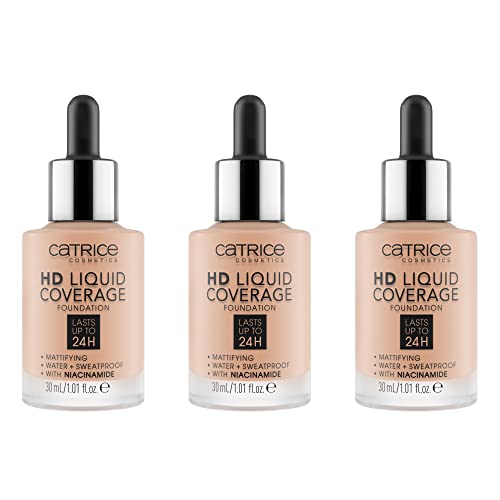 Catrice Base de maquillaje HD Liquid Coverage, n.º 020, nude, larga duración, matificante, mate, para pieles impuras, vegana, sin aceites, resistente al agua, sin alcohol, paquete de 3 (3 x 30 ml)