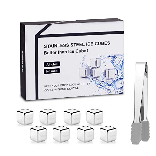 Velaze Edelstahl-Eiswürfel, 8er-Set 304 Eiswürfel Edelstahl mit 1 Zange und Geschenkbox, wiederverwendbare Eiswürfel, ideal für Wein, Wodka, Likör, Saft oder Limonade