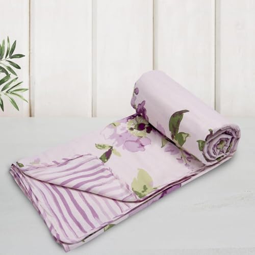 Image of HUESLAND 100% Cotton Reversible Dohar Double Bed Cotton | Soft Cambric Weave, Lightweight AC Blanket Double Bed for Summer & All Weather Use | 86 x 94 inches, Floral Fusion - Purple & Green