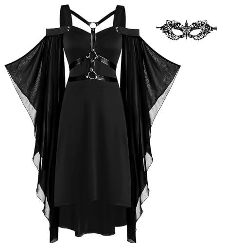 HBWHNIU Robe Gothique Femme Halloween Médiéval Vintage, Avec Masque Pour Les Yeux En Dentelle, Épaules Dénudées Manches Flares Noire, Costume Pour Halloween, Carnaval (XXL)