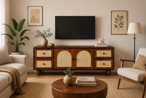 Image of Premium Solid Wood, 10 Minutes Assembly (Legs Only), Aesthetic Rattan Doors, Mid Century Entertainment Center for Living Room, TV Stand for 65 inch TV, Dark Chocolate (Walnut Brown)