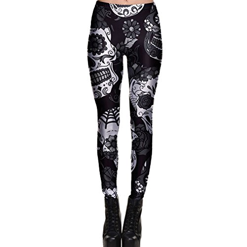 hibote Damen Leggins Muster Gothic Hose Halloween Knochen Skinny Fitnesshose Schädel Workout Leggings Geist Gotisch Muster Print Dünne Jogginghose Cover